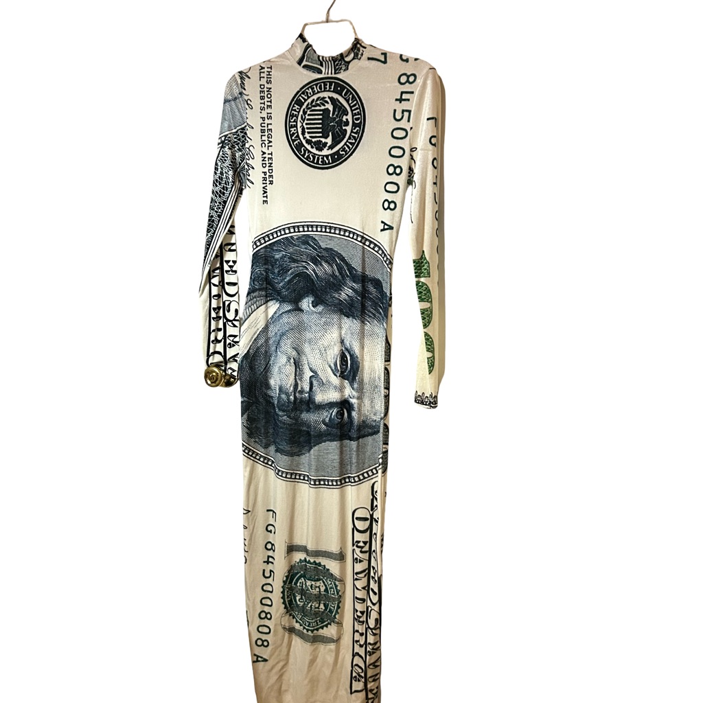 Brand New!! Fashion Nova Soft Velour Beige And Green Money Print Maxi Dress